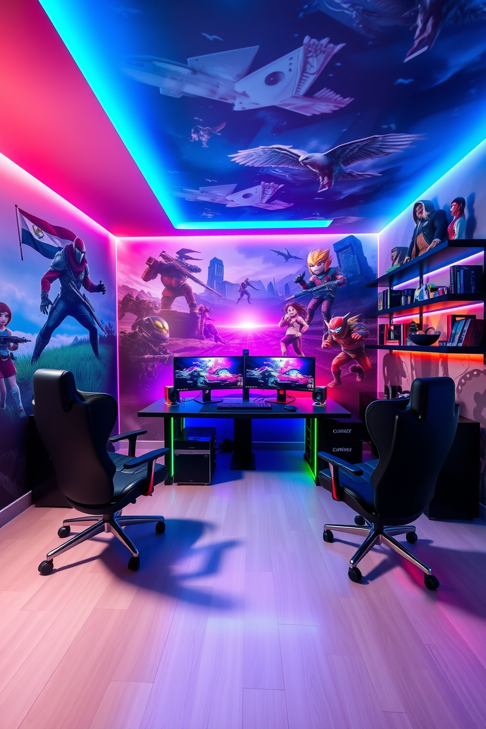 A modern computer game room designed with a vibrant color palette inspired by popular video games. The walls are adorned with large-scale murals of iconic game characters and scenes, creating an immersive atmosphere. A sleek gaming desk occupies the center of the room, equipped with multiple monitors and RGB lighting that complements the theme. Comfortable gaming chairs are positioned around the desk, and shelves filled with collectibles and game memorabilia line the walls.