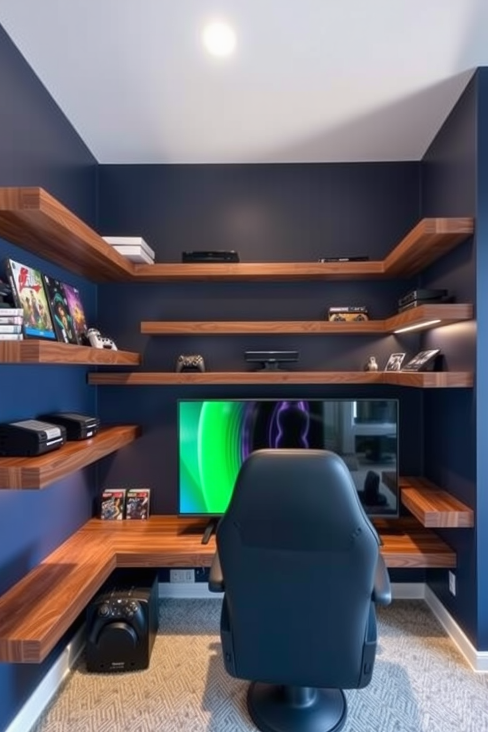 A modern game room featuring sleek floating shelves made of dark wood for storing video games and accessories. The walls are painted in a deep navy blue, creating a cozy atmosphere, while a plush gaming chair is positioned in front of a large screen.