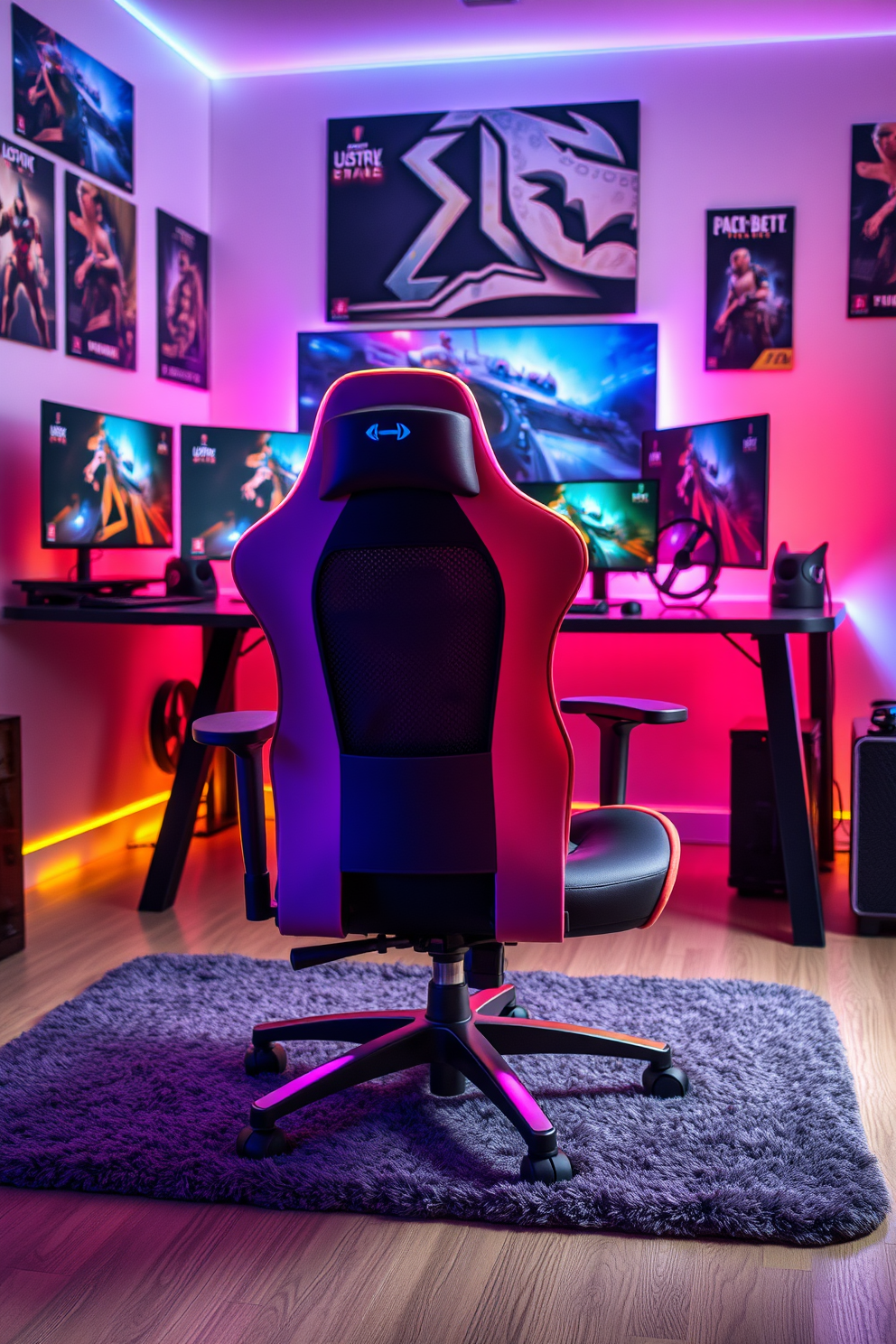 An ergonomic chair designed for long gaming sessions features adjustable lumbar support and breathable mesh fabric. The chair is positioned in front of a sleek gaming desk with RGB lighting and multiple monitor setups, creating an immersive gaming environment. The walls are adorned with posters of popular video games, and LED strip lights illuminate the room in dynamic colors. A plush gaming mat covers the floor, complementing the overall aesthetic and providing comfort during extended play.