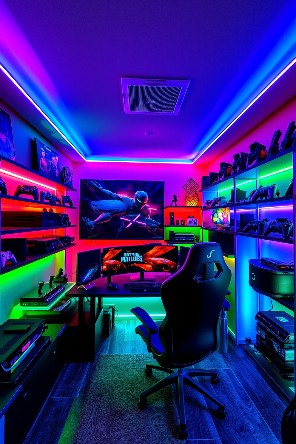 A custom gaming desk features an integrated cable management system to keep wires organized and out of sight. The room is designed with ambient LED lighting, creating a vibrant atmosphere that enhances the gaming experience. The walls are adorned with posters of popular video games, adding a personal touch to the space. A comfortable gaming chair complements the desk, providing ergonomic support for long gaming sessions.