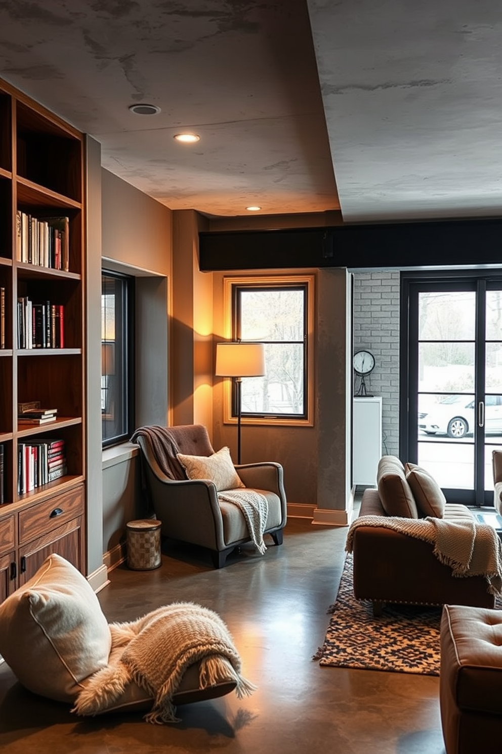 Cozy reading nook with built-in shelves. A plush armchair is nestled in the corner, surrounded by soft throw blankets and a warm floor lamp, creating an inviting atmosphere for relaxation. Concrete basement design ideas. The space features an open layout with polished concrete floors, complemented by industrial-style furniture and large windows that allow natural light to flood in.