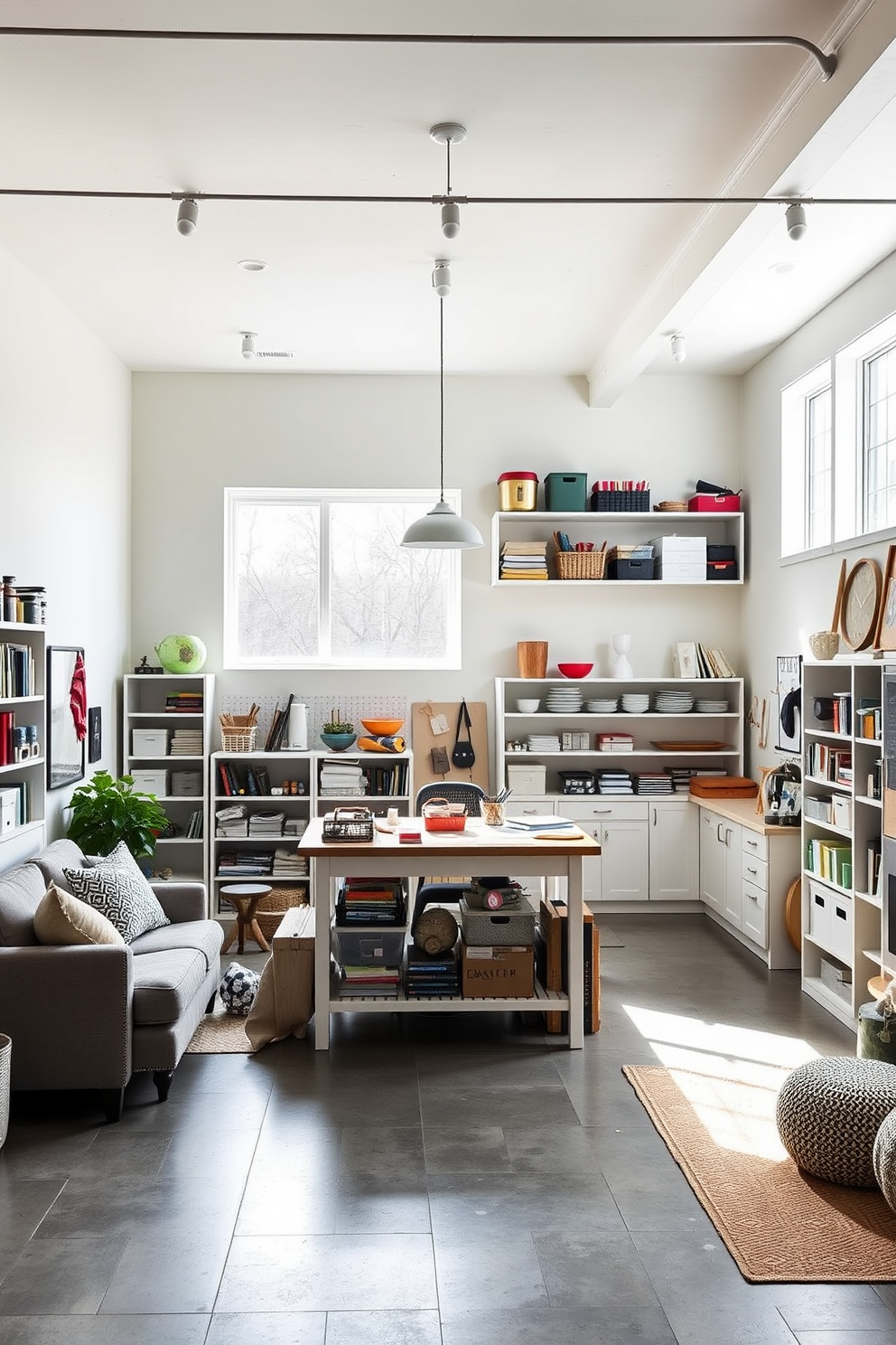 A bright and inviting multipurpose space designed for hobbies and crafts. The area features a large worktable in the center surrounded by organized shelving filled with supplies. The walls are painted in a soft white color to enhance the natural light. Large windows allow sunlight to flood the space, creating an inspiring atmosphere for creativity. Concrete basement design ideas emphasize a modern aesthetic with polished concrete floors. Comfortable seating areas are arranged for relaxation, while dedicated zones for crafting and projects are clearly defined.