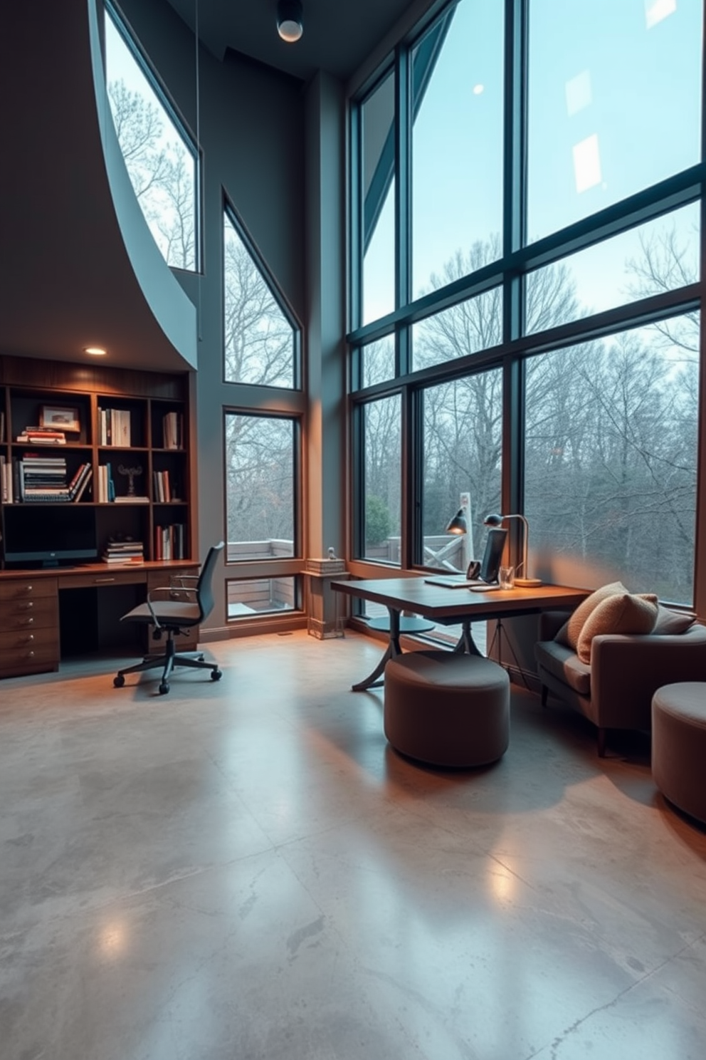 A stylish home office with large windows allowing ample natural light to flood the space. The room features a sleek wooden desk, a comfortable ergonomic chair, and built-in shelving adorned with books and decorative items. Concrete basement design ideas that create a modern and inviting atmosphere. The space includes polished concrete floors, soft lighting fixtures, and a cozy seating area with plush furniture for relaxation.