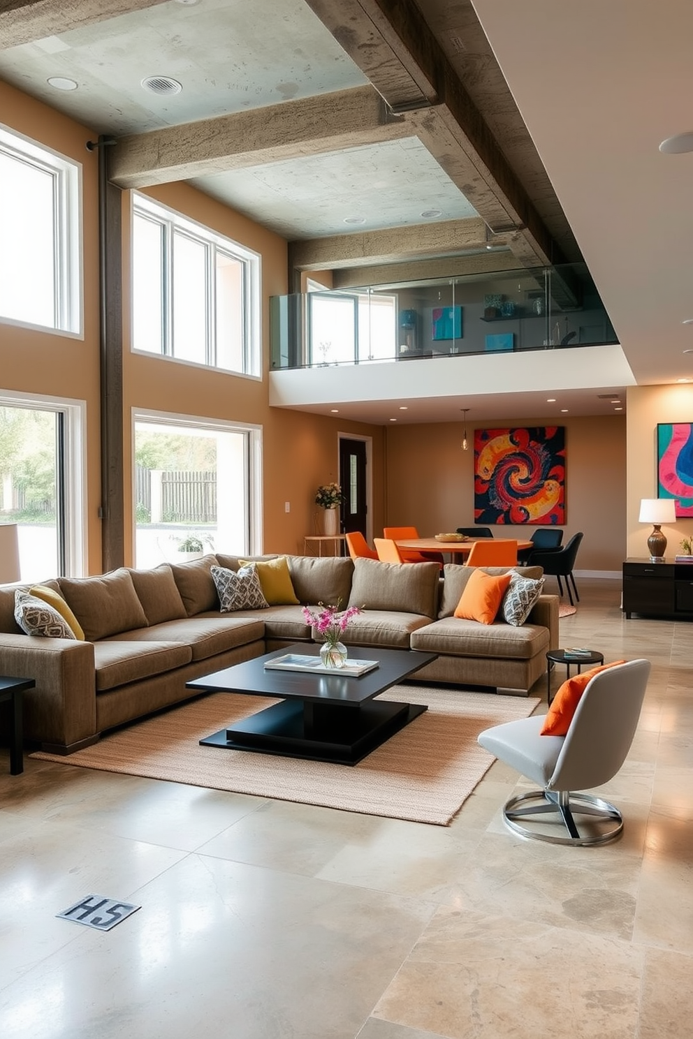 A cozy family room featuring a large comfortable sectional sofa positioned around a sleek coffee table. The walls are painted in a warm neutral tone, and large windows allow natural light to fill the space. The concrete basement design showcases an open layout with polished concrete floors and exposed ceiling beams. Soft lighting fixtures create an inviting atmosphere, complemented by stylish furniture pieces and vibrant artwork on the walls.