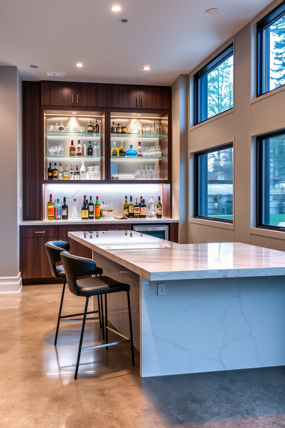 An elegant wet bar designed for entertaining guests features a sleek marble countertop with stylish bar stools arranged around it. Behind the bar, custom cabinetry showcases an array of premium spirits and glassware, illuminated by soft under-cabinet lighting. The concrete basement design incorporates polished concrete floors that enhance the modern aesthetic. Large windows allow natural light to flood the space, creating a warm and inviting atmosphere perfect for gatherings.