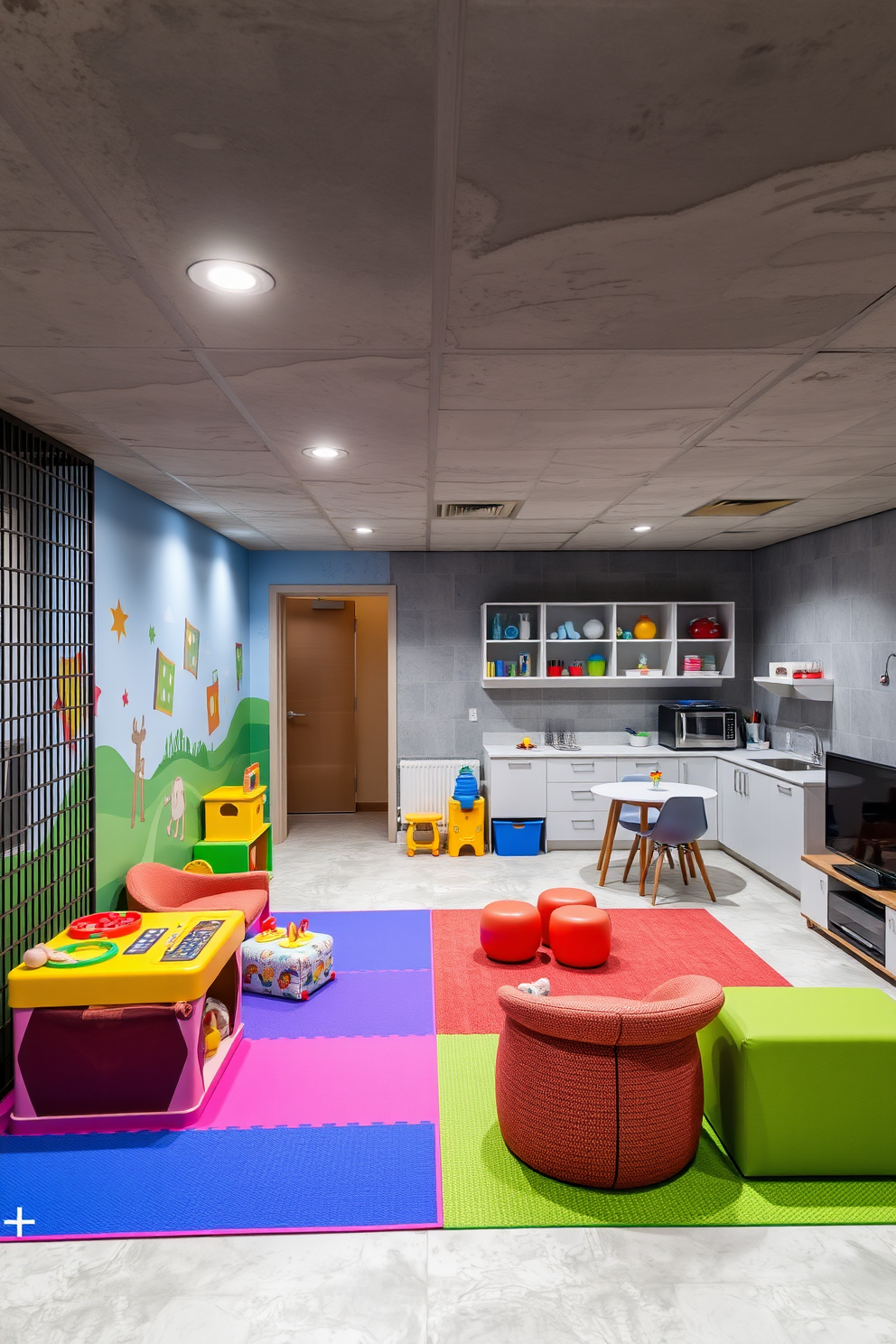 A vibrant and imaginative play area designed for children's enjoyment. The space features colorful wall murals, soft play mats, and a variety of interactive toys and games. An innovative concrete basement designed for functionality and style. The area includes a cozy lounge with modern furniture, a small kitchenette, and ample storage solutions for a clutter-free environment.