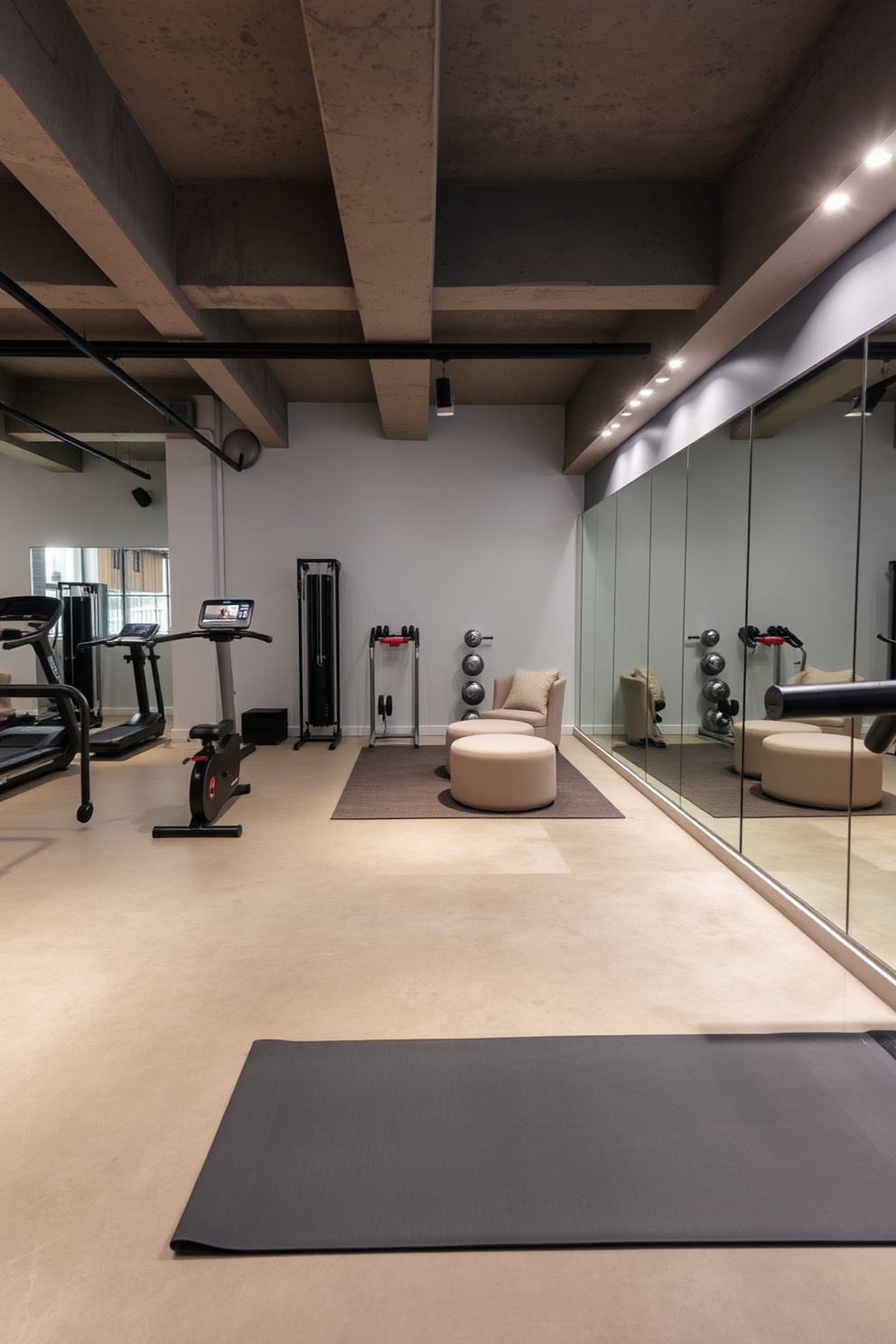 A modern fitness room featuring a variety of gym equipment including a treadmill, weights, and a yoga mat. The walls are painted in a light gray color, and large mirrors line one side of the room to enhance the sense of space. The concrete basement has an industrial aesthetic with exposed beams and polished concrete floors. Soft ambient lighting creates a warm atmosphere, while a small seating area with minimalist furniture invites relaxation after workouts.