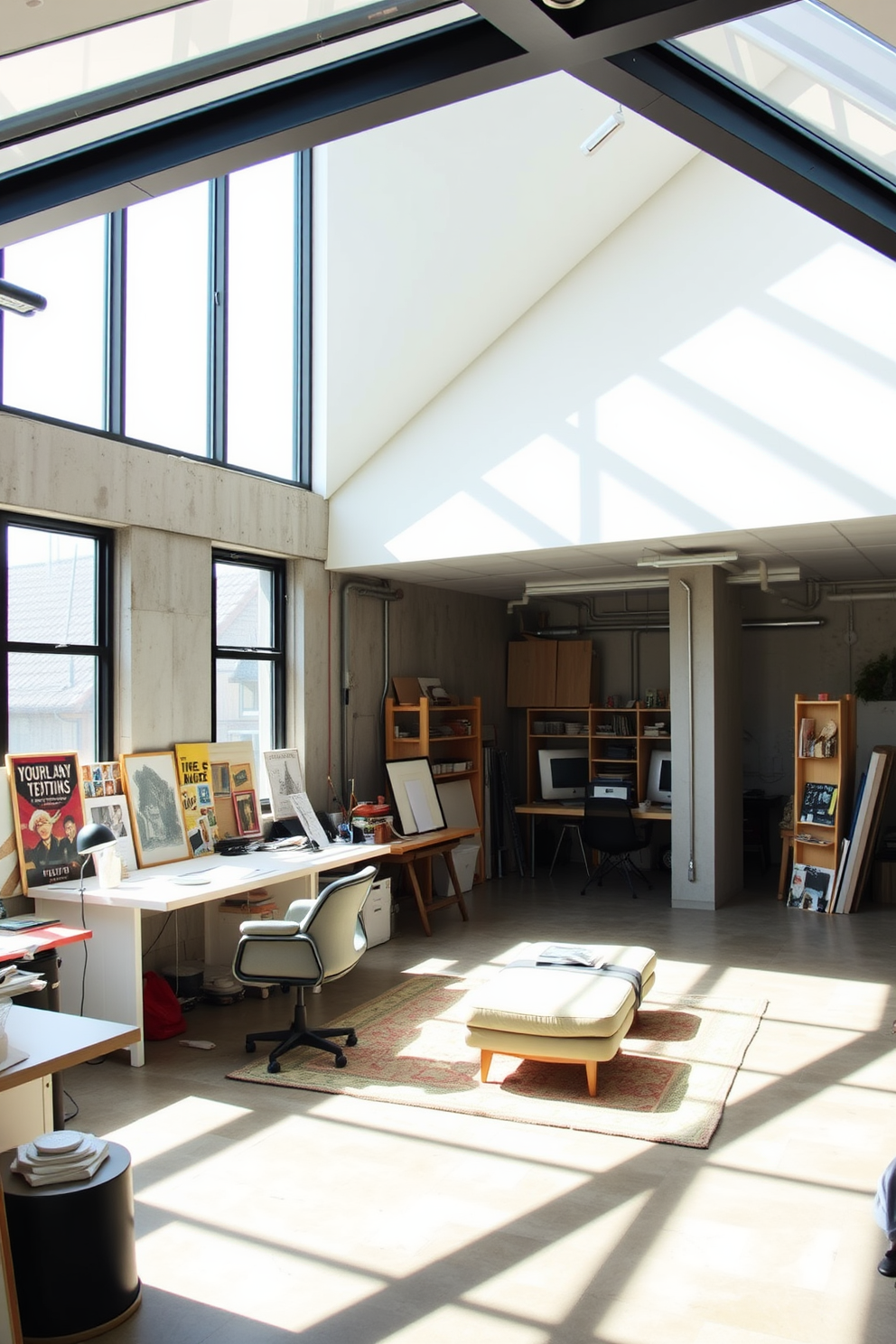 Art studio with ample workspace and natural light. Large windows allow sunlight to flood the room, highlighting the creative atmosphere. Concrete basement design ideas featuring an open layout. The space includes a cozy seating area with modern furniture and stylish lighting fixtures.