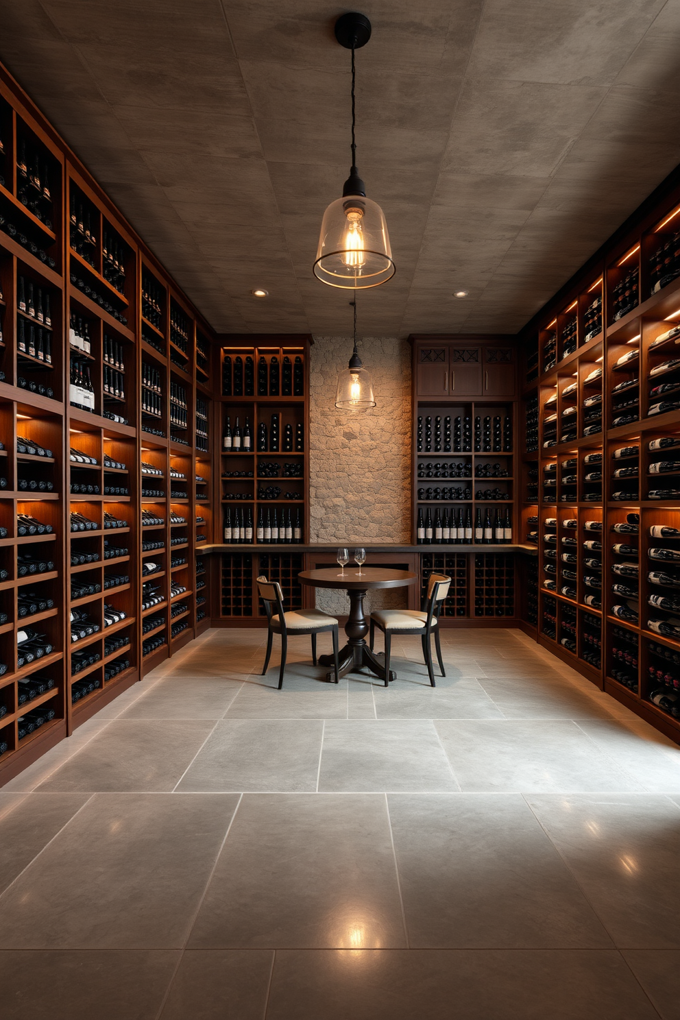 A luxurious wine cellar featuring custom shelving made from rich mahogany wood. The cellar is illuminated by soft LED lights that highlight the bottles arranged in an organized yet artistic manner. The walls are adorned with rustic stone, creating a warm and inviting atmosphere. A tasting area with a small round table and elegant chairs is positioned in the center, perfect for intimate gatherings. The concrete basement design showcases an open layout with polished concrete floors that reflect natural light. Industrial-style pendant lights hang from the ceiling, adding a modern touch to the overall aesthetic.