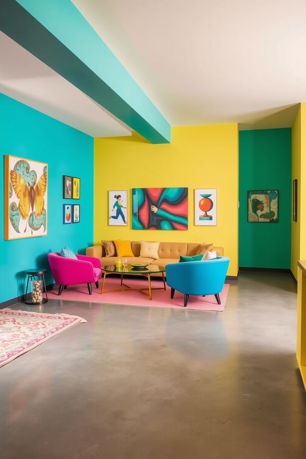 Bright color palette for vibrant atmosphere. The walls are painted in cheerful shades of yellow and teal, with colorful artwork adorning the space. Concrete Basement Design Ideas. The flooring is polished concrete, complemented by modern furniture in bold colors and a cozy seating area with plush cushions.