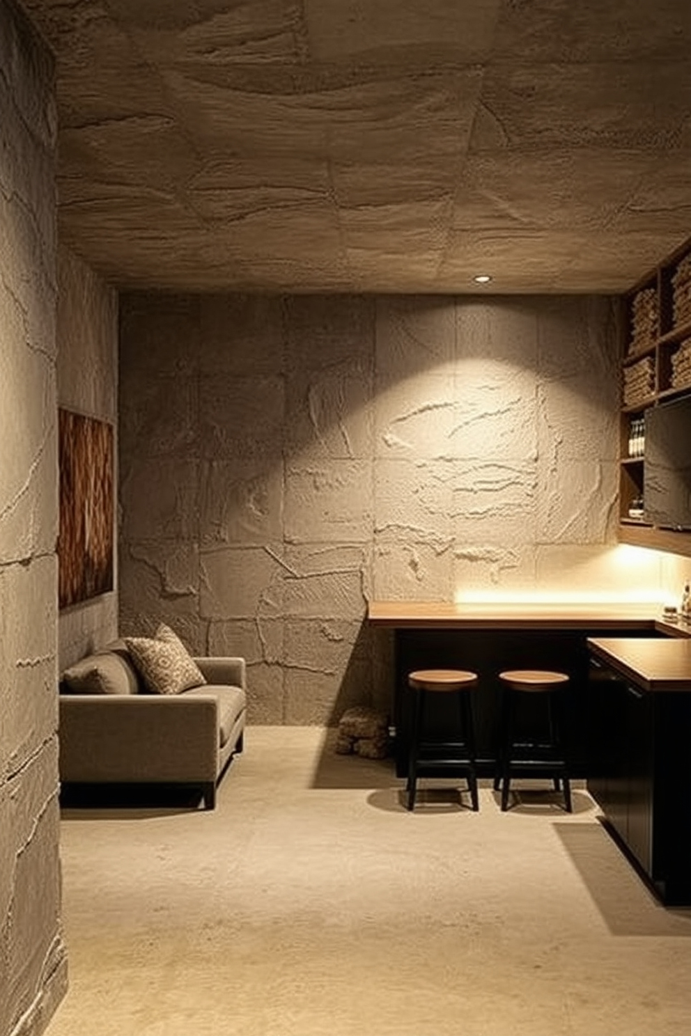 Textured walls create depth and intrigue in a concrete basement, transforming a typically utilitarian space into a stylish retreat. Incorporate a mix of materials such as reclaimed wood and stone to enhance the ambiance and provide a warm contrast to the cool concrete. Consider adding ambient lighting to highlight the textures and create a cozy atmosphere. Furnish the area with comfortable seating and a sleek bar to make it an ideal space for entertaining guests.