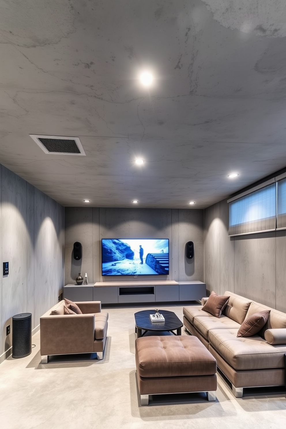 A minimalist basement design featuring clean lines and an open layout. The walls are painted in a soft gray, and the floor is polished concrete with a subtle sheen. Furnishings include a sleek sectional sofa in a neutral tone and a low-profile coffee table. Large windows allow natural light to flood the space, enhancing the airy feel of the environment.