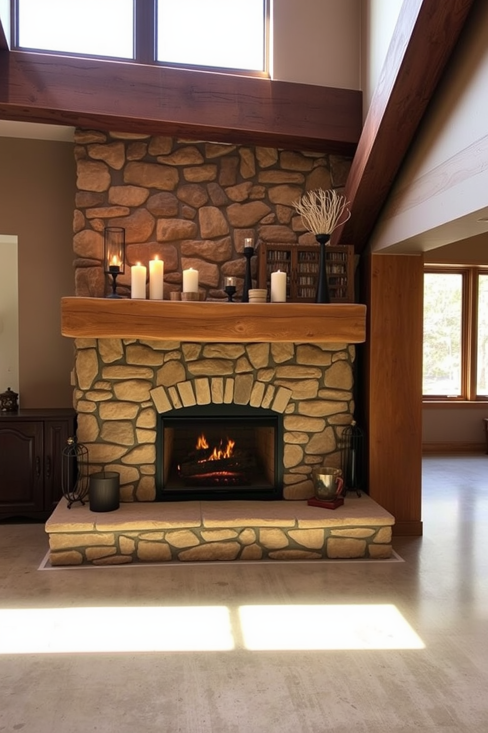 Cozy fireplace for warmth and ambiance. The fireplace is built into a stone feature wall, with a rustic wooden mantel above it adorned with candles and decorative items. Concrete basement design ideas. The space features polished concrete floors, exposed beams, and large windows that allow natural light to flood in, creating a modern yet inviting atmosphere.