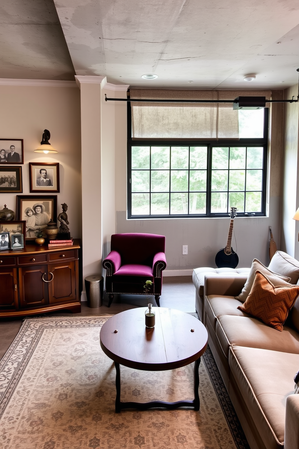 Vintage decor for a nostalgic touch. The room features an antique wooden sideboard adorned with family photos and vintage trinkets. A plush velvet armchair in deep burgundy sits next to a round mahogany coffee table. The walls are painted in a soft pastel hue, and a patterned area rug adds warmth to the space. Concrete basement design ideas. The basement showcases exposed concrete walls paired with industrial-style lighting fixtures. A cozy seating area with a sectional sofa and a reclaimed wood coffee table creates an inviting atmosphere. Large windows allow natural light to flood the space, enhancing its modern appeal.