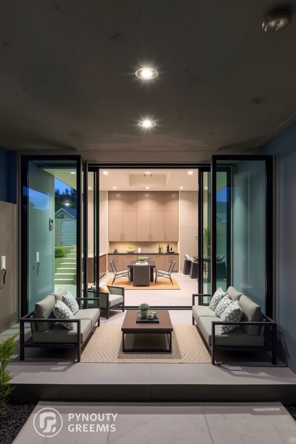 A modern concrete basement design featuring large sliding glass doors that open to an outdoor patio. The space is illuminated with recessed lighting and includes a cozy seating area with contemporary furniture, creating a seamless transition between indoor and outdoor living.