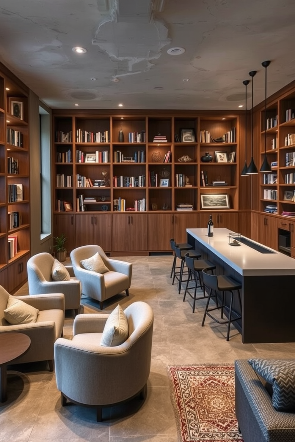 A personal library featuring cozy reading spots with plush armchairs and soft lighting. The walls are lined with built-in wooden bookshelves filled with books and decorative items. Concrete basement design ideas showcasing an open layout with industrial accents. The space includes a modern lounge area with a sectional sofa and a sleek bar counter for entertaining guests.