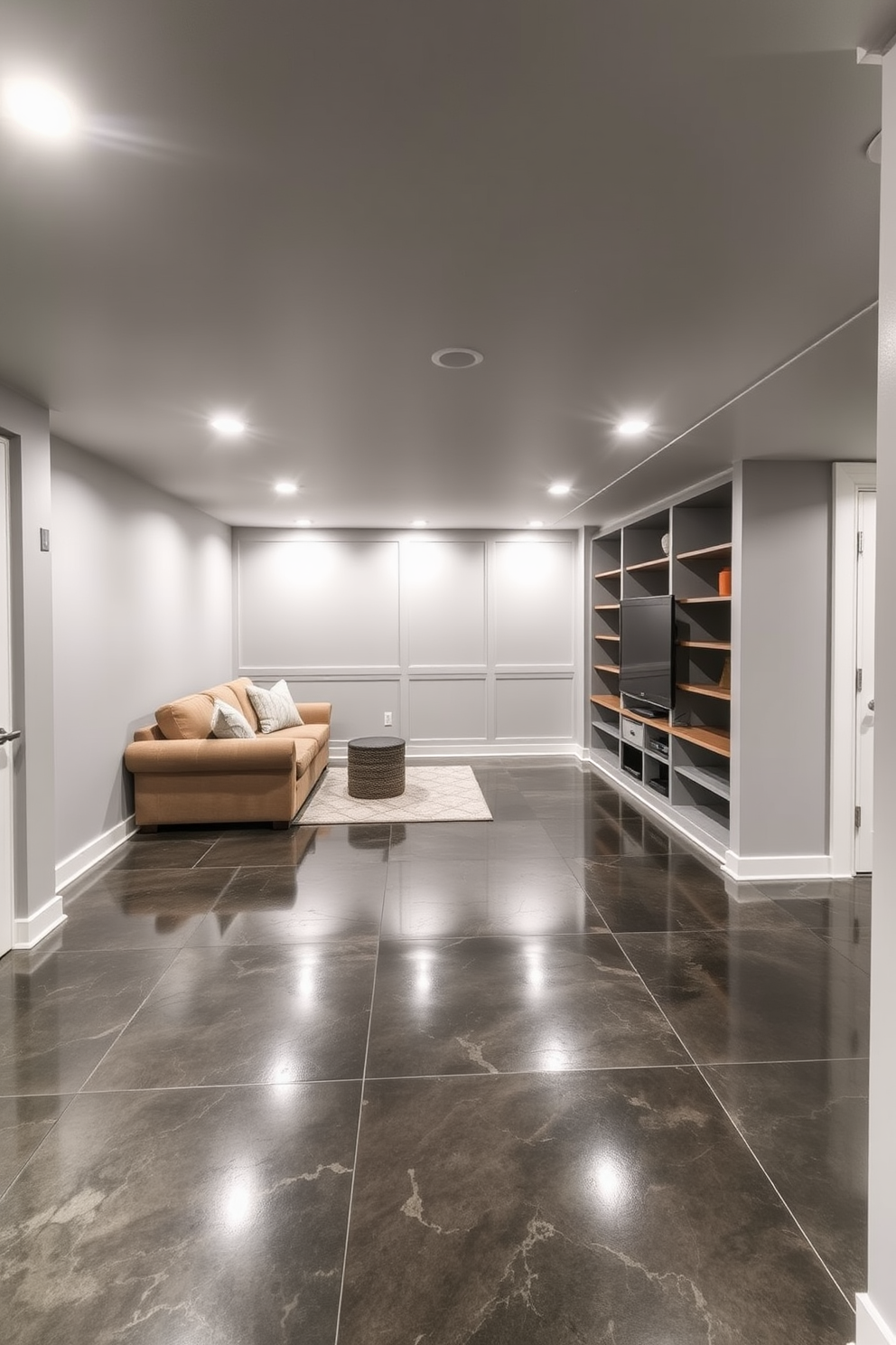 A stylish concrete basement with polished flooring that combines durability and modern aesthetics. The walls are painted in a light gray tone, complemented by recessed lighting that enhances the spacious feel of the area. Incorporate built-in shelving units along one wall for efficient storage and display. Add a cozy seating area with plush furniture to create a welcoming atmosphere for relaxation or entertainment.