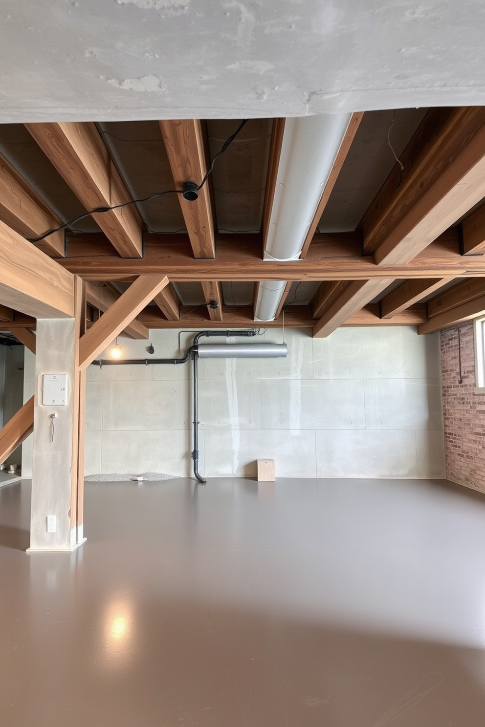 An industrial style basement featuring exposed wooden beams that create a rustic charm. The concrete walls are painted in a soft gray, and the floor is polished to a sleek finish, providing an urban aesthetic.