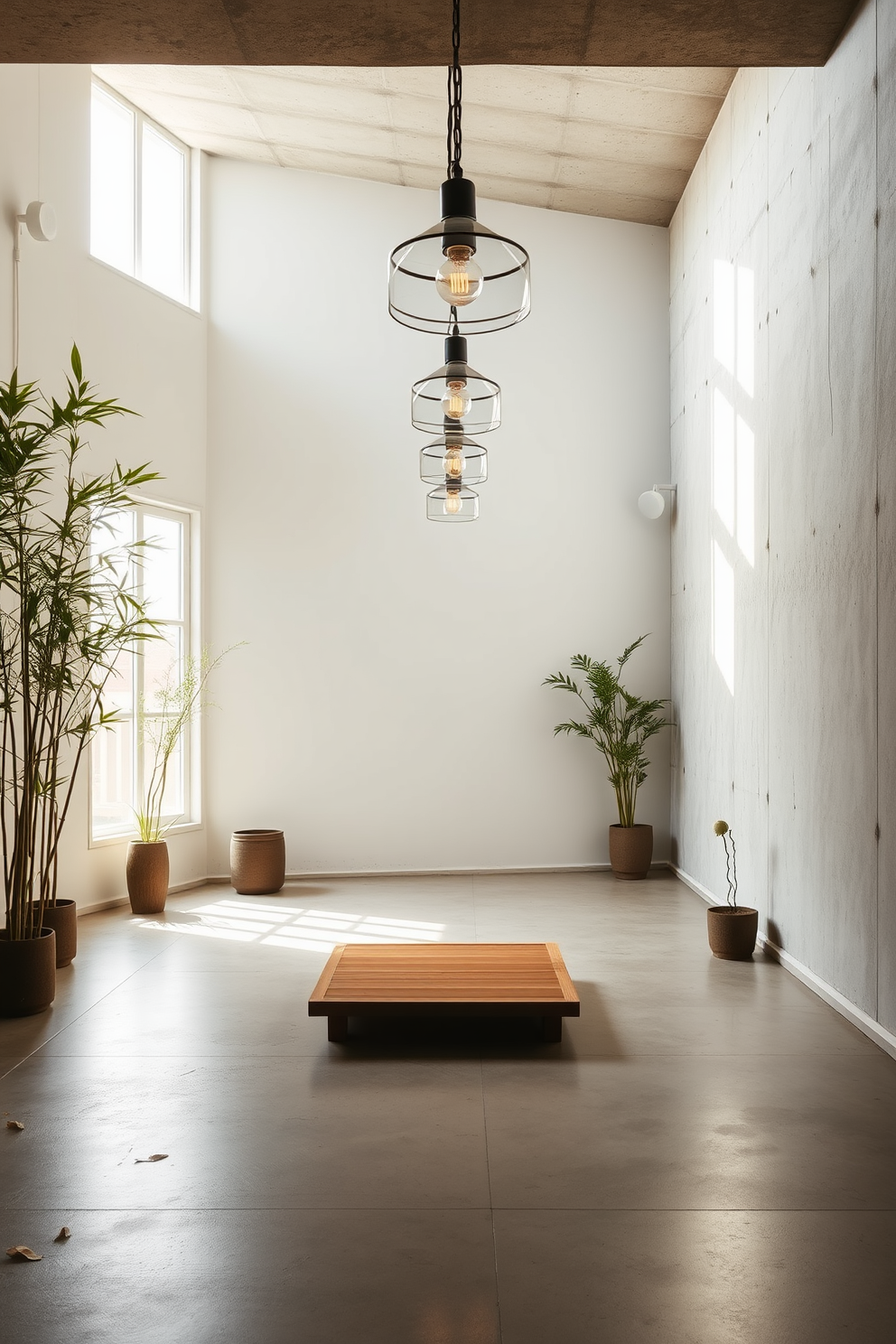 A serene zen space designed for meditation and relaxation. Soft natural light filters in through large windows, illuminating a minimalist room adorned with bamboo plants and a low wooden platform for seating. A modern concrete basement featuring an open layout for versatile use. Industrial-style lighting fixtures hang from the ceiling, and the walls are accented with textured concrete, creating a stylish yet functional environment.