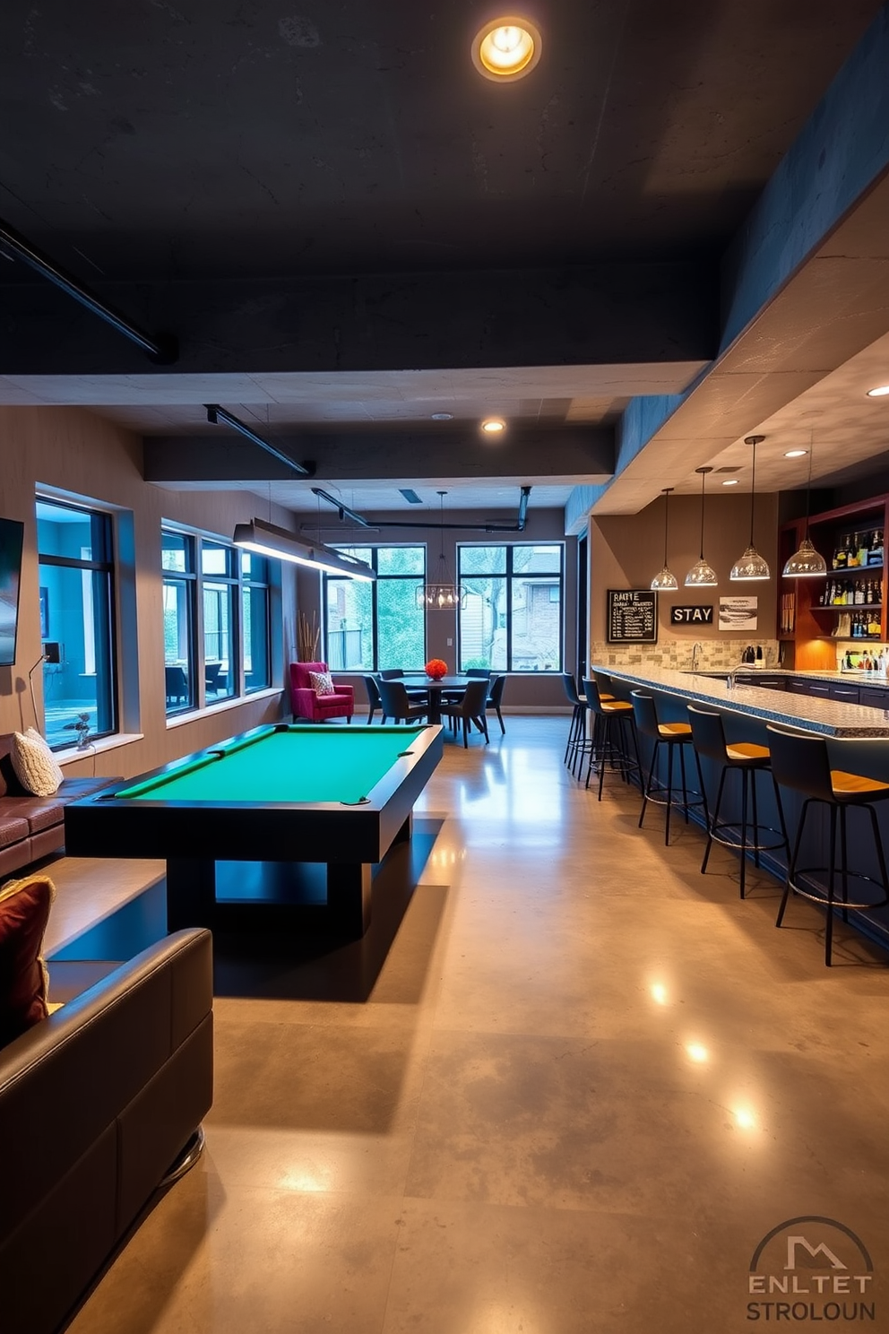 A vibrant game room features a sleek pool table at the center, surrounded by comfortable seating and ambient lighting. A stylish bar area with high stools and a variety of drinks is positioned against one wall, creating an inviting space for entertainment. The concrete basement design showcases polished concrete floors that reflect light, enhancing the spacious feel. Exposed beams and industrial-style decor elements add character, while large windows provide natural light, making the area feel more open and welcoming.