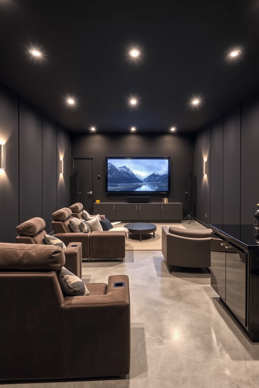 Home theater with plush seating options featuring a large screen mounted on the wall. The room is dimly lit with recessed lighting and has soundproof walls covered in dark fabric. Concrete basement design ideas showcasing an open layout with polished concrete floors. The space includes a cozy lounge area with modern furniture and a small kitchenette for entertaining guests.