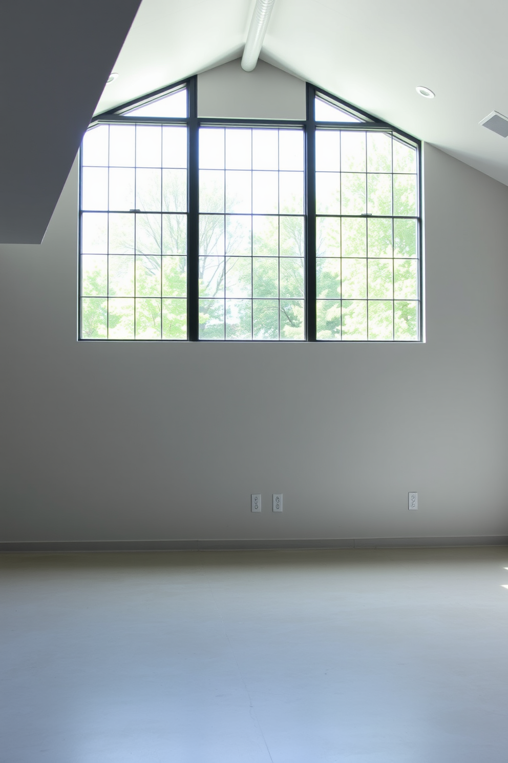 Brighten up with large windows in a spacious concrete basement. The walls are painted in a light gray tone, and the flooring features polished concrete for a sleek look.