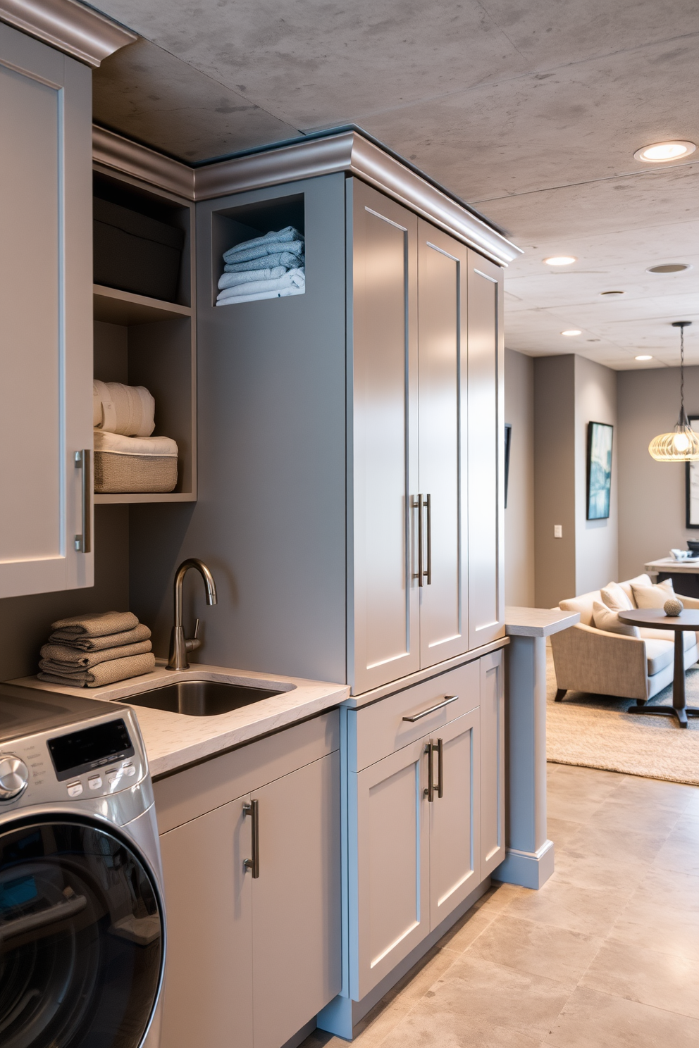 Functional laundry area with ample storage solutions. The space features built-in cabinets with a sleek finish, a large countertop for folding clothes, and a utility sink for convenience. Concrete basement design ideas that maximize space and functionality. The design includes an open layout with comfortable seating, a modern bar area, and decorative lighting to create a cozy atmosphere.