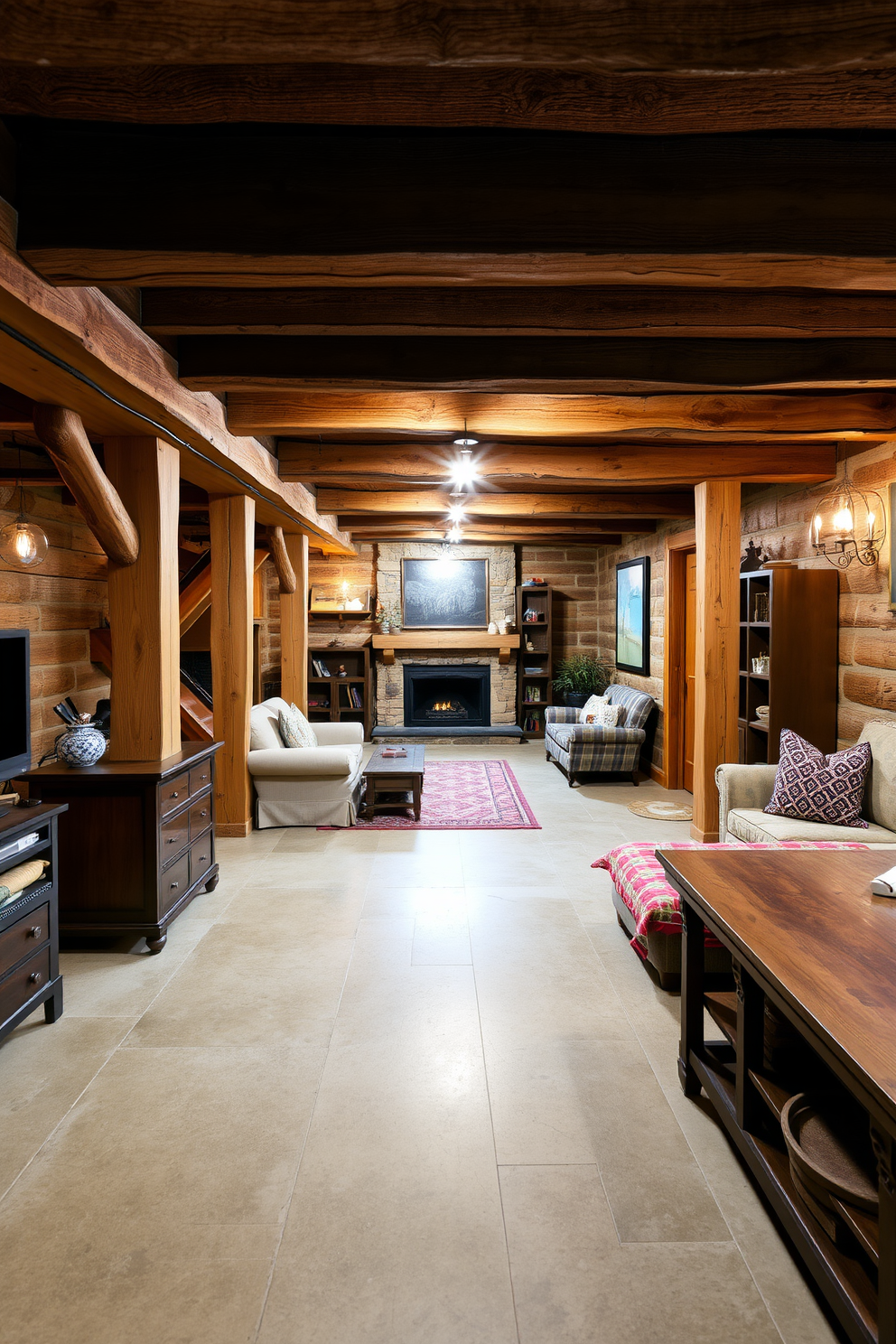 A rustic basement design featuring exposed wooden beams and warm wood accents. The flooring is a polished concrete with a natural finish, complemented by cozy textiles and vintage furnishings.