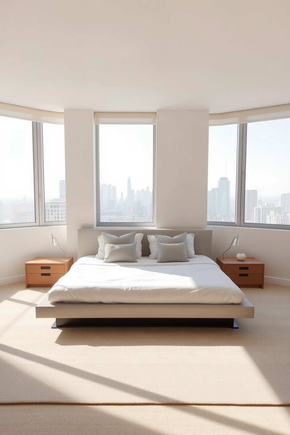 A serene condo bedroom featuring minimalist decor with a neutral color palette. The walls are painted in soft beige, and the bedding consists of crisp white linens paired with light gray throw pillows. A sleek platform bed is positioned against the wall, flanked by simple wooden nightstands. Large windows allow natural light to flood the space, enhancing the airy atmosphere and showcasing a view of the city skyline.