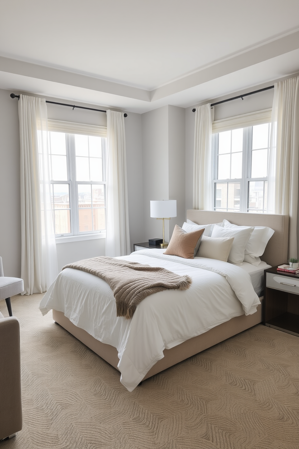 A serene condo bedroom featuring a plush king-sized bed dressed in soft white linens and an array of textured throw pillows in muted pastels. The walls are adorned with light gray paint, and a cozy area rug in a subtle geometric pattern lies beneath the bed, adding warmth to the space. Natural light floods the room through large windows dressed with sheer curtains that gently filter the sunlight. A stylish bedside table holds a modern lamp, and a comfortable reading nook with a soft armchair is positioned in the corner, inviting relaxation.