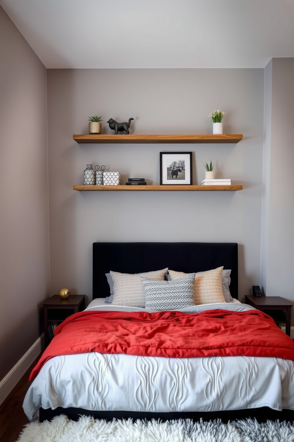 A cozy condo bedroom featuring floating shelves above the bed for added storage and decor. The walls are painted in a soft gray tone, and a plush area rug lays beneath the bed, creating a warm and inviting atmosphere.