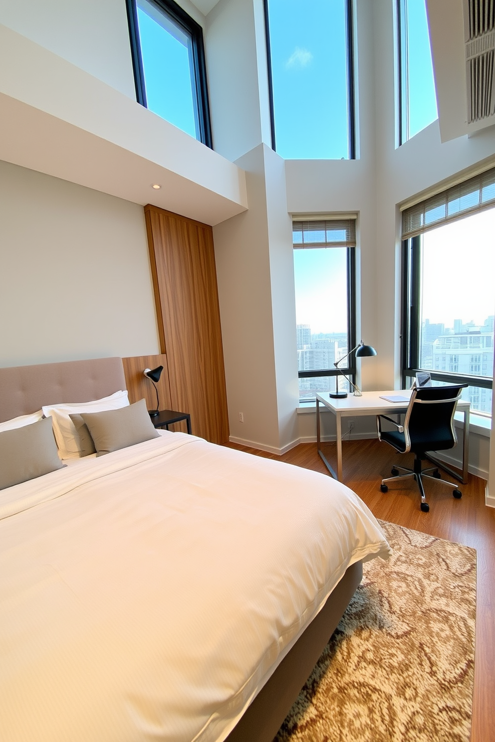 A modern condo bedroom featuring a cozy queen-sized bed with a plush headboard and soft bedding. Adjacent to the bed, a sleek desk area is set up with a stylish chair, minimalistic lamp, and organized stationery for productivity. The walls are painted in a calming light gray, complemented by warm wooden accents throughout the space. Large windows allow natural light to flood in, creating an inviting atmosphere, while a soft area rug adds comfort underfoot.