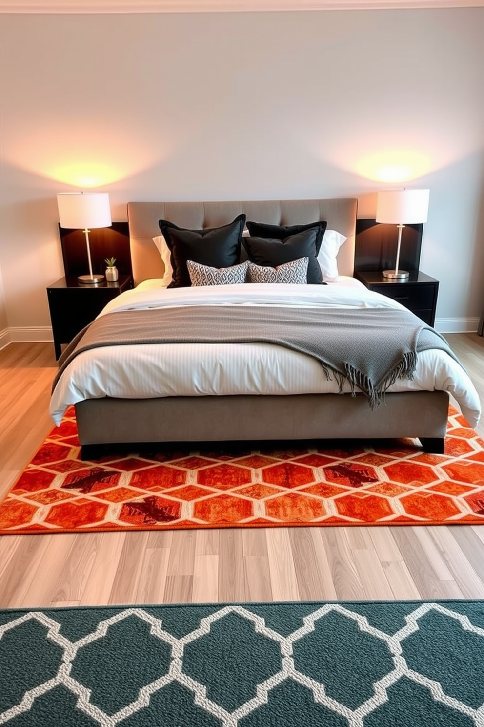 A stylish condo bedroom featuring a bold area rug that defines the space. The rug is a vibrant geometric pattern that contrasts with the neutral-toned hardwood floor, adding depth and character to the room. The bed is dressed in luxurious linens with a mix of textures and colors that complement the rug. Flanking the bed are modern nightstands with sleek lamps that provide warm ambient lighting, creating an inviting atmosphere.