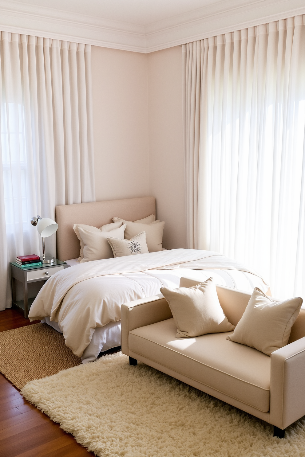 A serene condo bedroom with a focus on minimalist design. The room features a low-profile platform bed with crisp white linens and a single accent pillow. Natural light floods in through large windows, adorned with sheer curtains that soften the space. A simple nightstand holds a sleek lamp, and a small potted plant adds a touch of greenery.