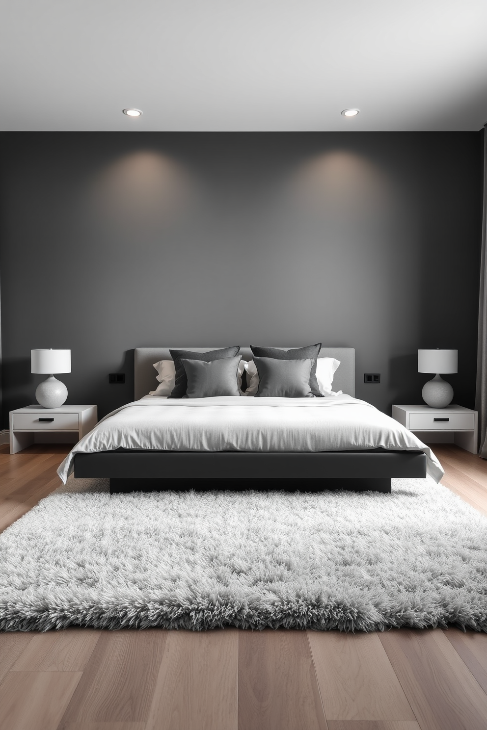 A serene condo bedroom featuring a monochromatic color scheme in varying shades of gray. The walls are painted in a soft charcoal, while the bedding consists of light gray linens layered with darker gray throw pillows. A sleek platform bed is centered against the wall, complemented by minimalist nightstands on either side. The flooring is a warm gray wood, and a plush area rug in a lighter shade adds texture underfoot.