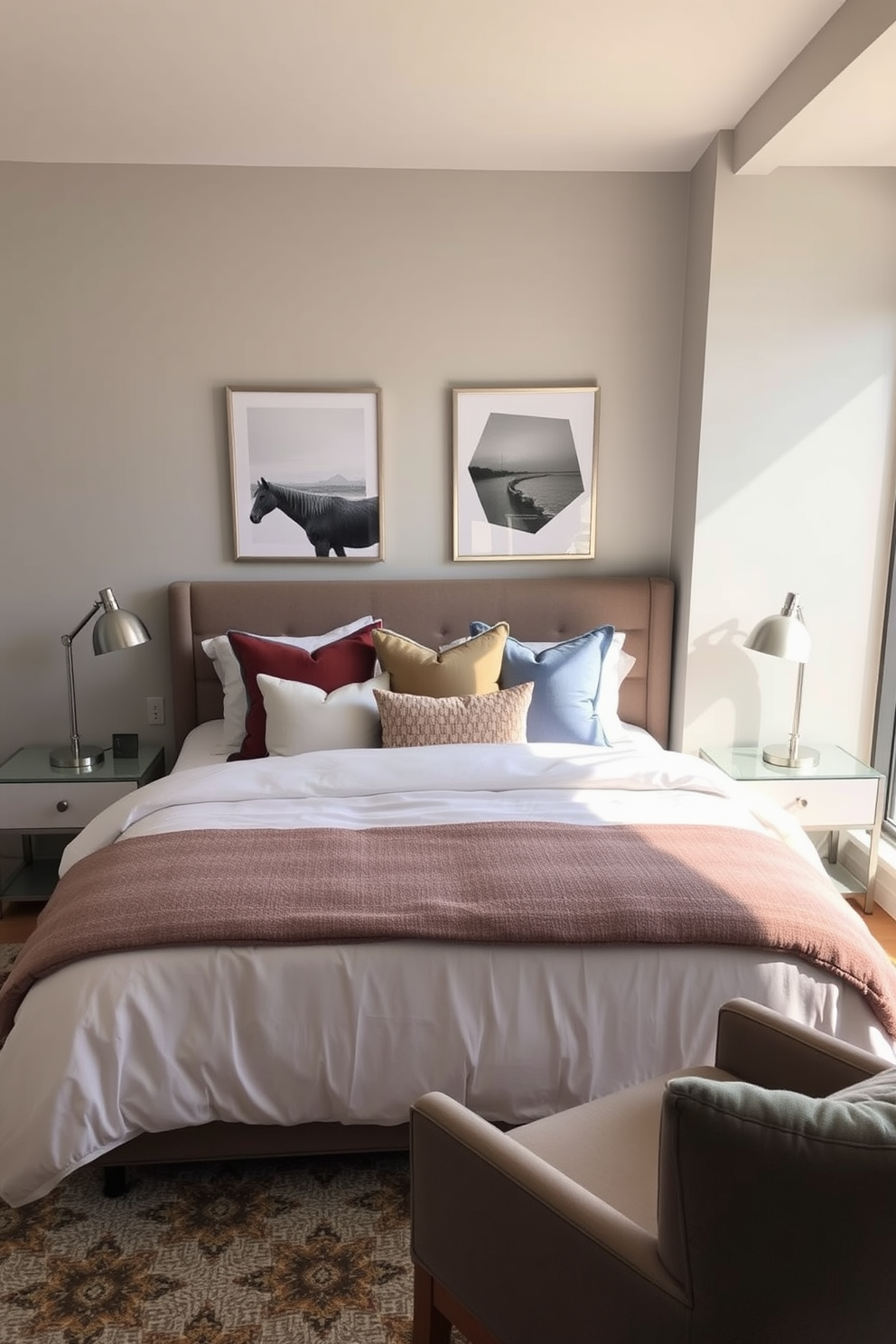 A cozy condo bedroom featuring a plush queen-sized bed dressed in soft linens and topped with an array of decorative pillows in various textures and colors. A sleek nightstand on either side of the bed holds modern lamps, and a large window allows natural light to flood the space, enhancing the warm tones of the room. The walls are painted in a calming light gray, creating a serene backdrop for the artwork that adorns them. A stylish area rug lies under the bed, adding warmth and comfort underfoot, while a small reading nook with a comfortable chair invites relaxation.