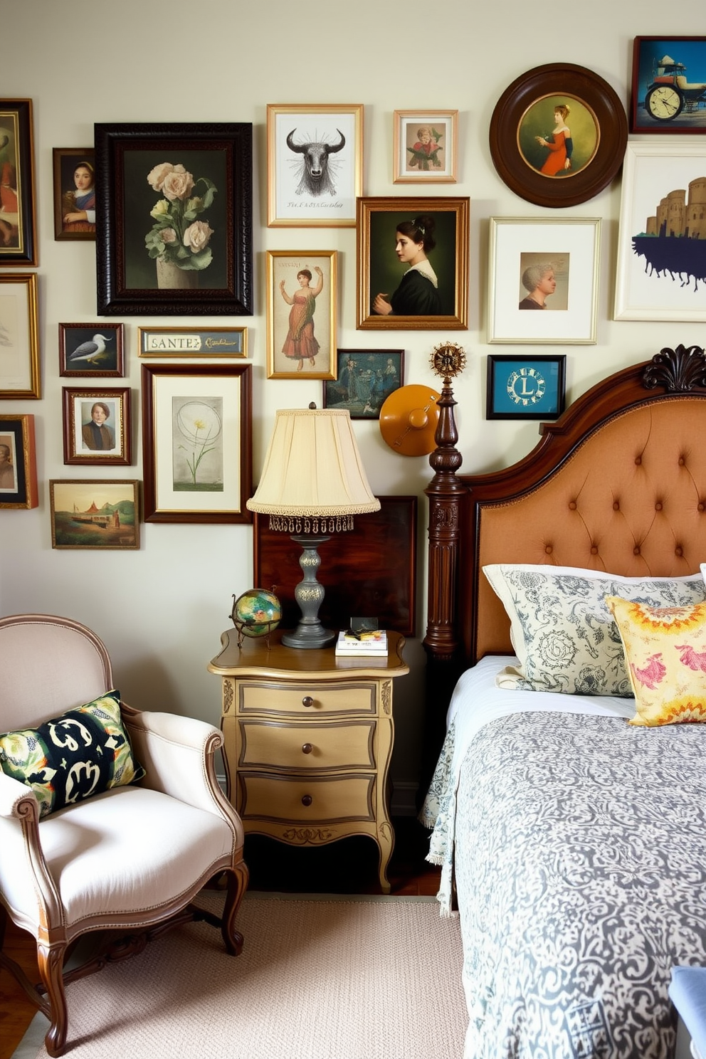 A cozy condo bedroom featuring vintage furniture that exudes eclectic charm. An ornate wooden bed frame with a tufted headboard is complemented by mismatched nightstands, one a delicate antique and the other a rustic find. The walls are adorned with a gallery of eclectic artwork, showcasing a mix of styles and colors. A vintage armchair in a bold fabric sits in one corner, inviting relaxation amidst the curated decor.