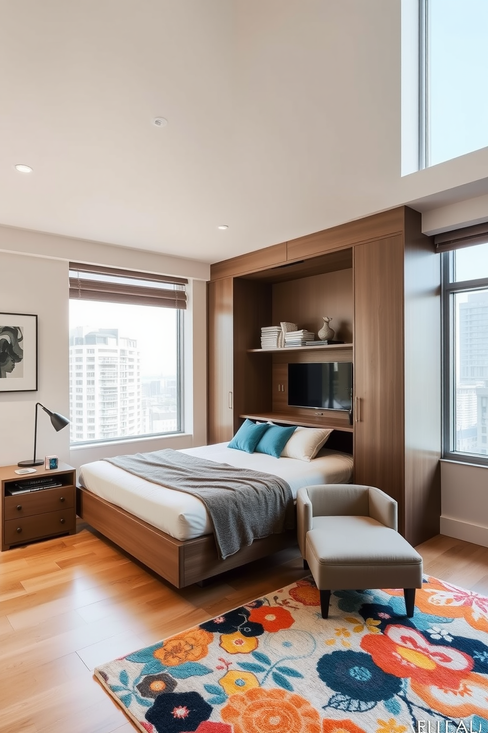 A modern condo bedroom featuring a sleek Murphy bed that folds up to create additional floor space during the day. A stylish, multi-functional nightstand doubles as a desk with storage, and a compact armchair provides a cozy reading nook without cluttering the room. The walls are painted in a soft, neutral tone to enhance the sense of openness, while large windows allow natural light to flood the space. A colorful area rug adds warmth and texture, tying together the various elements of the room.