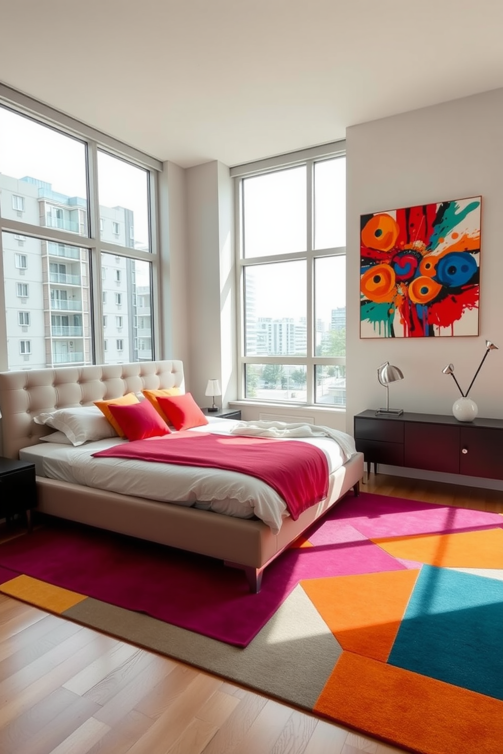 A modern condo bedroom featuring a sleek platform bed with a tufted headboard in a neutral tone. Brightly colored throw pillows add a vibrant pop of color against the soft bedding, while a geometric area rug in bold hues anchors the space. Large windows allow natural light to flood the room, highlighting the minimalist decor. A statement piece of artwork with vivid colors hangs above the bed, complementing the overall design and enhancing the cozy atmosphere.