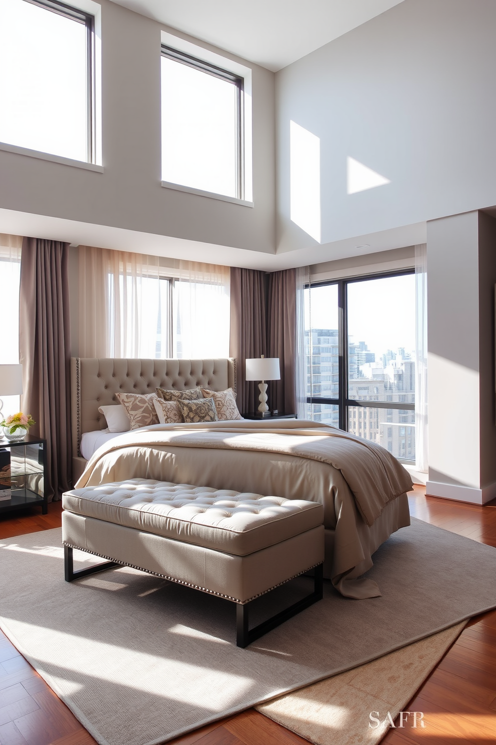 A stylish condo bedroom featuring a plush king-size bed with a tufted headboard and soft linens in neutral tones. At the foot of the bed, a sleek upholstered bench provides a cozy spot for lounging or putting on shoes. Natural light floods the room through large windows adorned with sheer curtains, creating a bright and airy atmosphere. The walls are painted in a soft gray, and a contemporary area rug adds warmth to the hardwood floor.