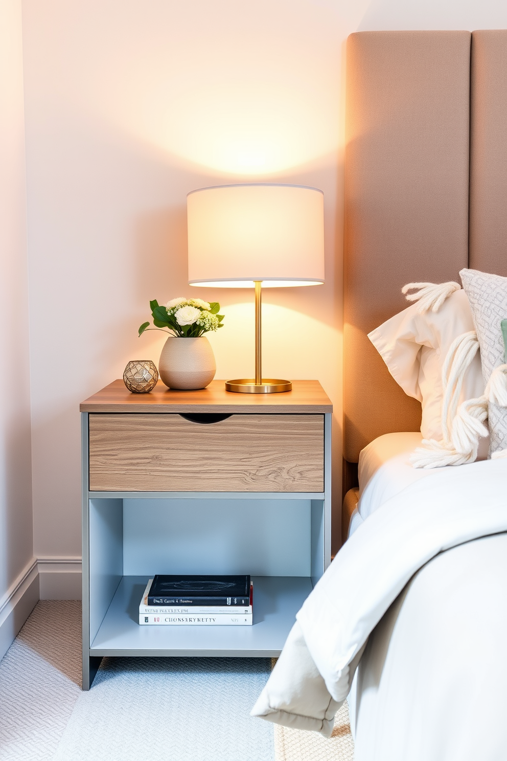 Choose a compact nightstand that maximizes functionality while maintaining a sleek aesthetic. The nightstand should feature a blend of wood and metal finishes, with a drawer for storage and an open shelf for easy access to books or decorative items. Incorporate a soft bedside lamp that complements the nightstand design, providing warm lighting for the space. The overall color palette should be neutral, with accents that reflect personal style, creating a cozy yet modern condo bedroom ambiance.