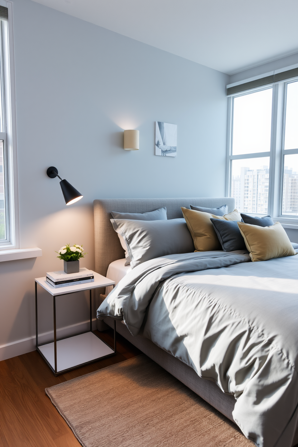 A cozy condo bedroom featuring a plush queen-sized bed with a soft gray duvet and an array of decorative pillows. A wall-mounted bedside lamp illuminates the space, casting a warm glow over a sleek nightstand that holds a small stack of books and a decorative plant. The walls are painted in a calming light blue hue, complemented by a stylish area rug that adds texture underfoot. Large windows allow natural light to flood the room, enhancing the inviting atmosphere and showcasing a minimalistic yet elegant decor.