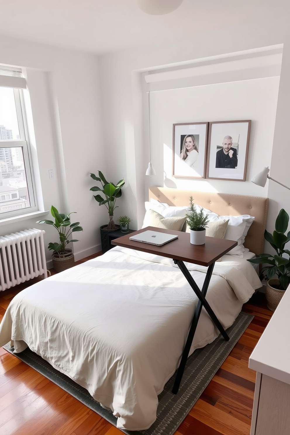 A cozy condo bedroom featuring a foldable table that serves as both a workspace and dining area. The bed is adorned with soft linens in neutral tones, complemented by decorative pillows in pastel colors. Natural light floods the room through large windows, highlighting the warm wooden flooring. A stylish rug anchors the space, while a few potted plants add a touch of greenery and life to the decor.