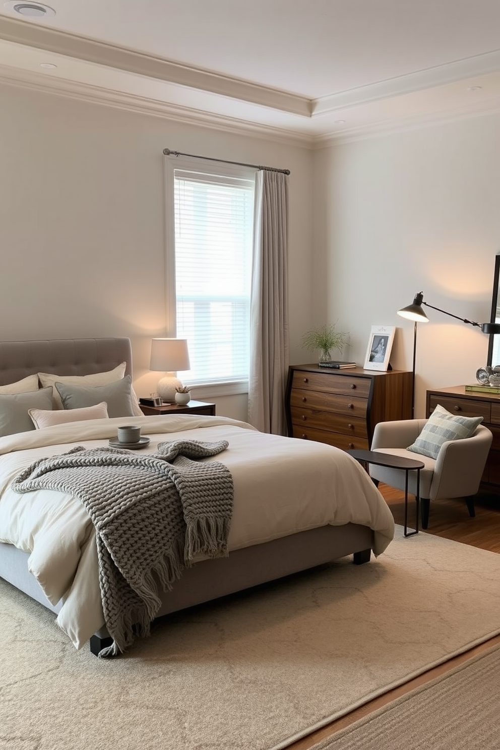 A modern condo bedroom featuring an elegant ceiling fixture with a geometric design that adds a touch of sophistication. The room is adorned with a plush king-sized bed dressed in luxurious linens and accented by stylish bedside tables. Soft ambient lighting creates a warm atmosphere, while large windows allow natural light to flood the space. A cozy seating area in the corner complements the overall design, making it a perfect retreat.