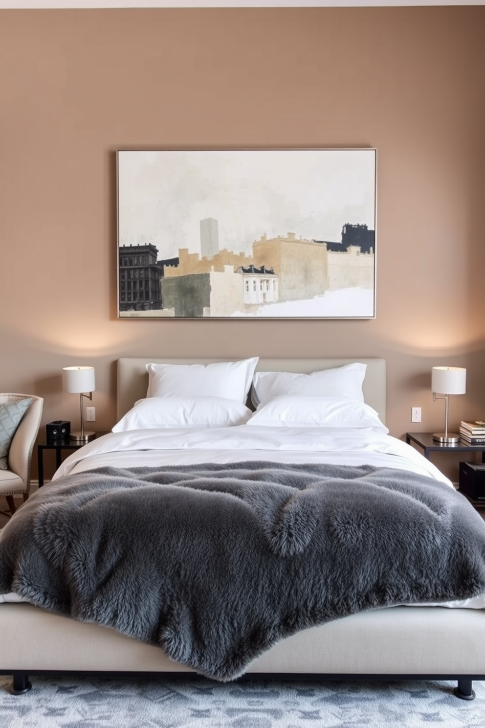 A modern condo bedroom featuring a large piece of abstract artwork above the bed. The bed is dressed in crisp white linens with a plush gray throw blanket, and stylish bedside tables hold sleek lamps. The walls are painted in a soft taupe color, creating a warm and inviting atmosphere. A cozy reading nook is set up in one corner with a comfortable armchair and a small bookshelf filled with curated books.