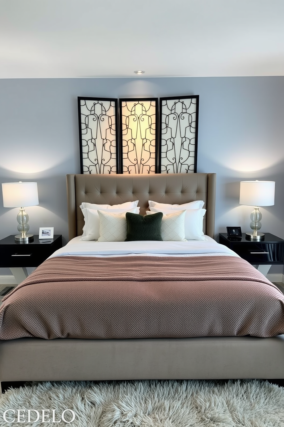 A cozy condo bedroom designed for relaxation. There is a plush king-sized bed with a tufted headboard and soft linens, flanked by modern nightstands with stylish lamps. A decorative screen provides privacy while adding an artistic touch to the space. The walls are painted in a calming light blue, and a soft area rug lies beneath the bed, enhancing the warmth of the room.