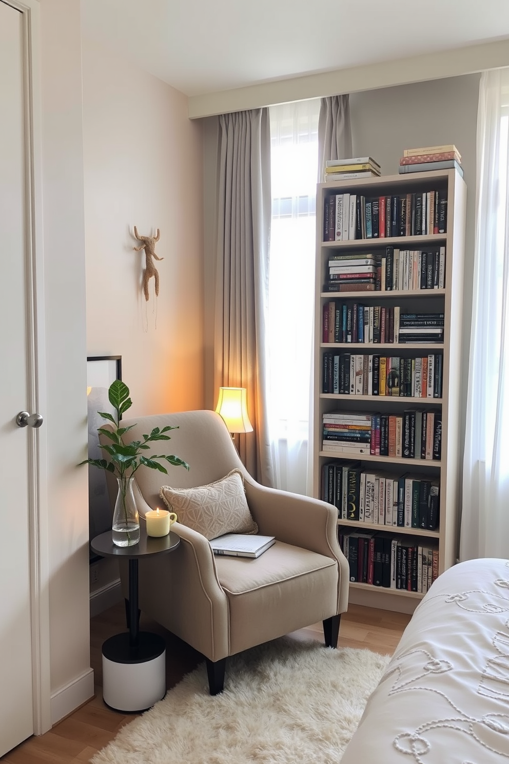 A cozy reading nook corner in a condo bedroom features a plush armchair upholstered in soft fabric, positioned next to a tall bookshelf filled with an array of books. A small side table holds a steaming cup of tea and a decorative lamp with a warm glow, creating an inviting atmosphere for relaxation. The walls are painted in a calming pastel hue, complementing the natural light that filters through a nearby window dressed with sheer curtains. A soft area rug lies beneath the chair, adding warmth and texture to the space while a potted plant brings a touch of greenery to the nook.