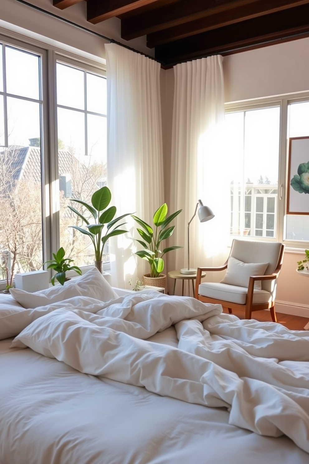 A serene condo bedroom featuring a plush king-sized bed with a soft gray upholstered headboard. The bedding is layered with white and navy blue linens, complemented by a collection of decorative pillows in varying textures. On either side of the bed, modern nightstands in a light wood finish hold sleek table lamps with white shades. A large abstract painting in calming colors hangs above the bed, while a cozy area rug in neutral tones anchors the space.