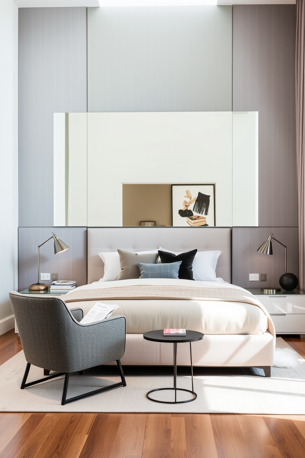 A modern condo bedroom featuring a large floor-to-ceiling mirror that reflects natural light and makes the space feel larger. The bed is positioned against a feature wall painted in a soft gray, with stylish bedside tables on either side adorned with contemporary lamps. The room includes a cozy reading nook with a plush armchair placed near the window, accompanied by a small side table. A neutral area rug anchors the space, while decorative throw pillows in vibrant colors add a pop of personality.