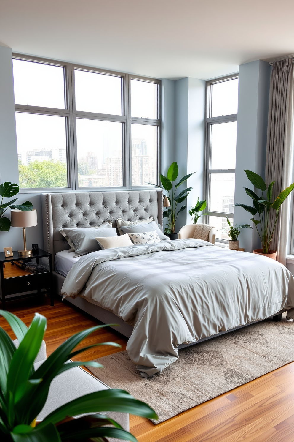 A serene condo bedroom featuring a plush king-sized bed with soft gray bedding and an elegant tufted headboard. Large windows allow natural light to flood the space, while potted plants are strategically placed in the corners, adding a refreshing touch of greenery. The walls are painted in a calming light blue, complementing the warm wooden flooring. A stylish nightstand on each side of the bed holds modern lamps, and a cozy reading nook with a comfortable chair is positioned near the window, surrounded by more vibrant plants.